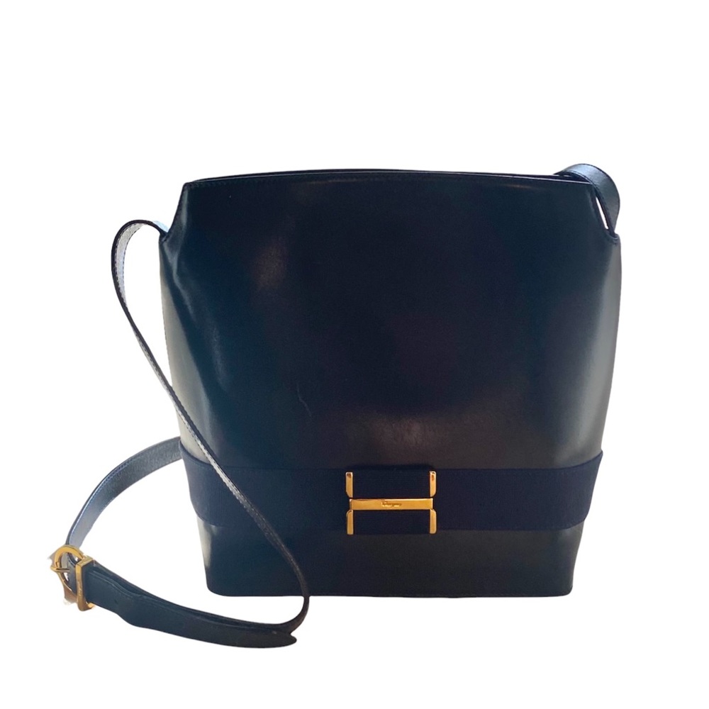 Salvatore Ferragamo Vara Bow Navy Blue Leather Shoulder Bag New